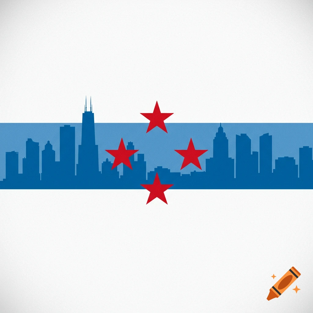 Stylized Chicago flag with blue skyline silhouettes and red stars on white.
