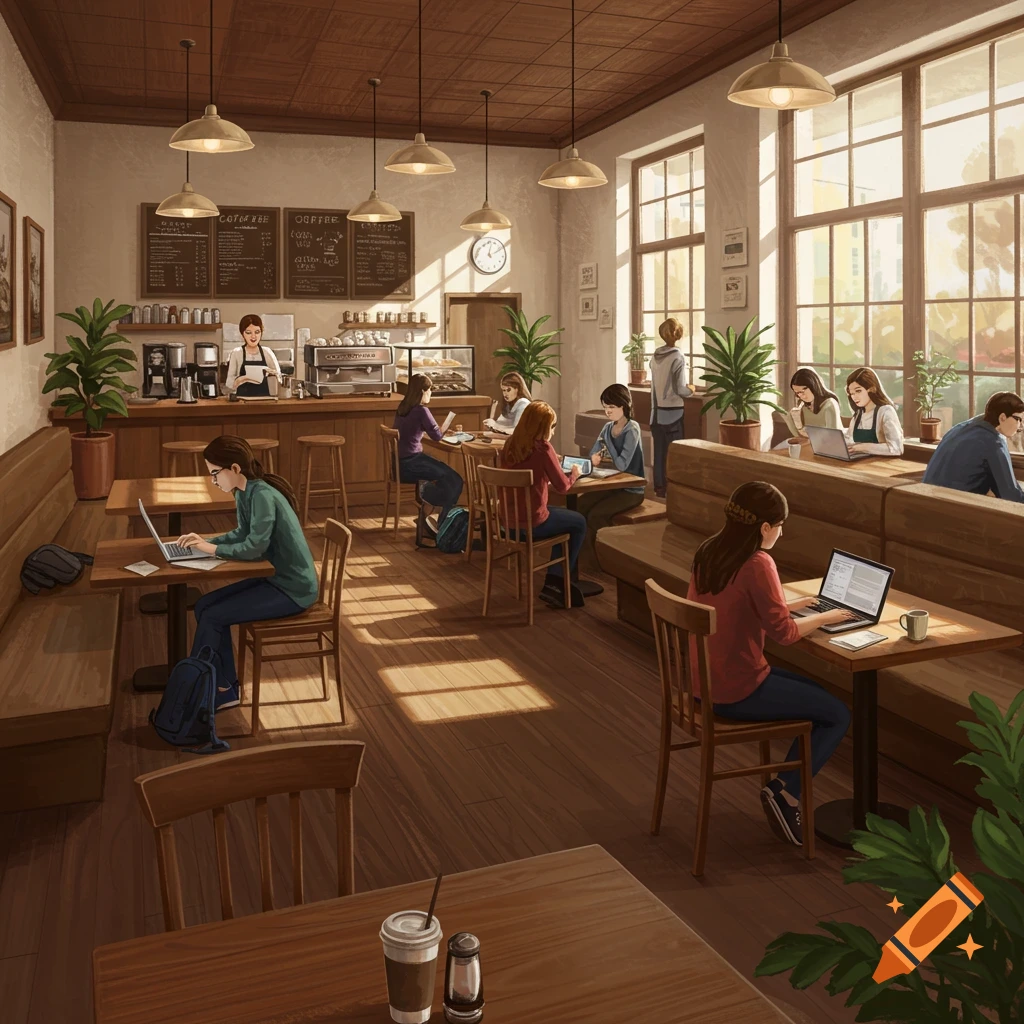 A busy coffee shop interior with many people studying and working at tables and counters.
