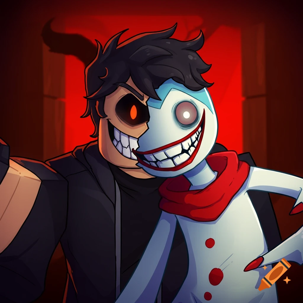 Stylized image of two horror game characters with sharp teeth and glowing eyes standing in a red room.