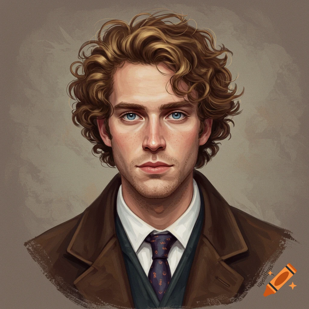 Portrait of a man with messy brown hair, blue eyes, and a suit jacket.