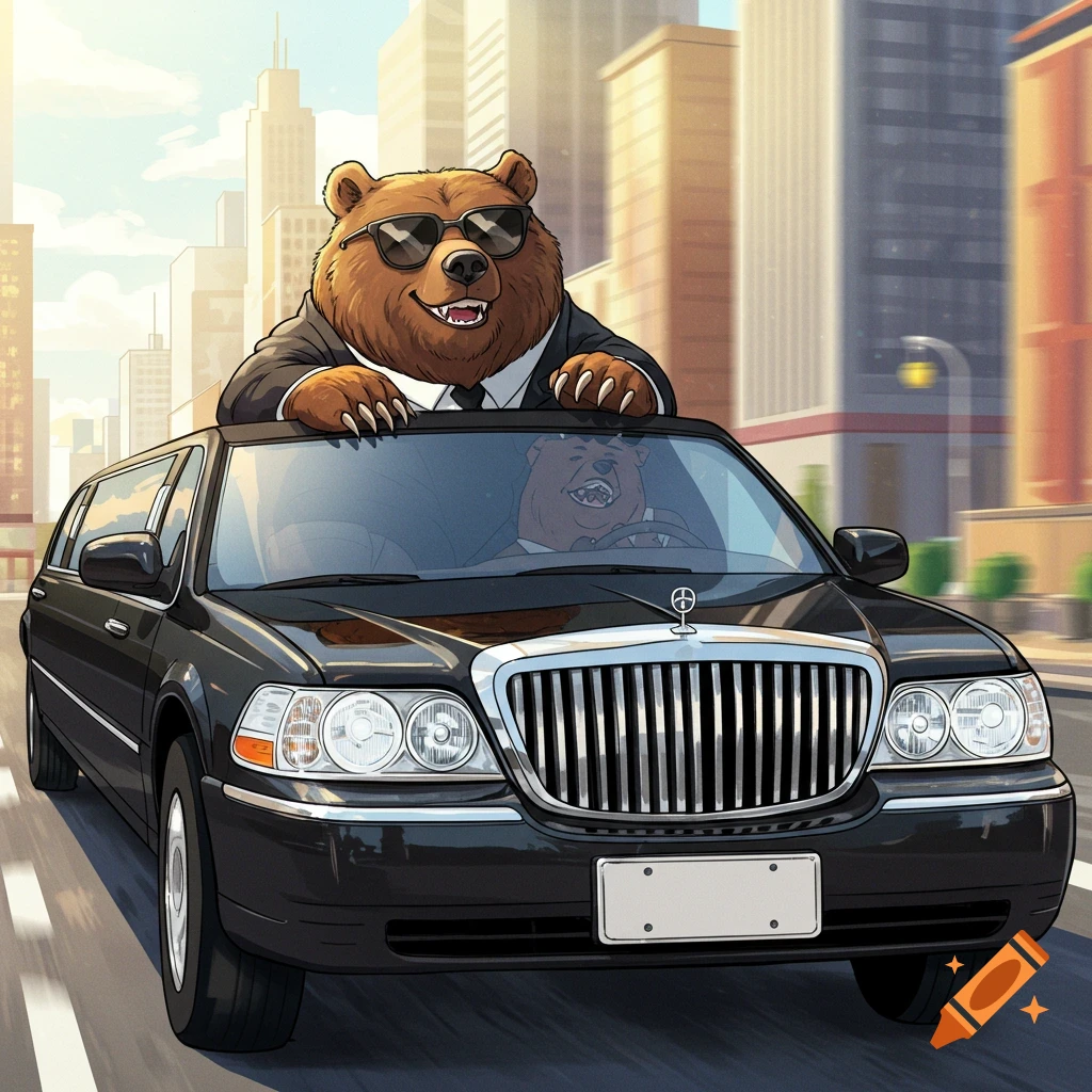A bear in a suit and sunglasses driving a black limo through a city street.