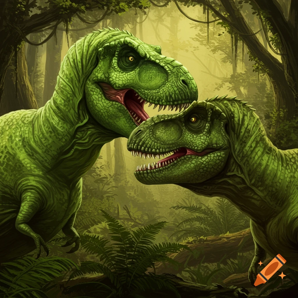 Two green T-Rex dinosaurs in a jungle