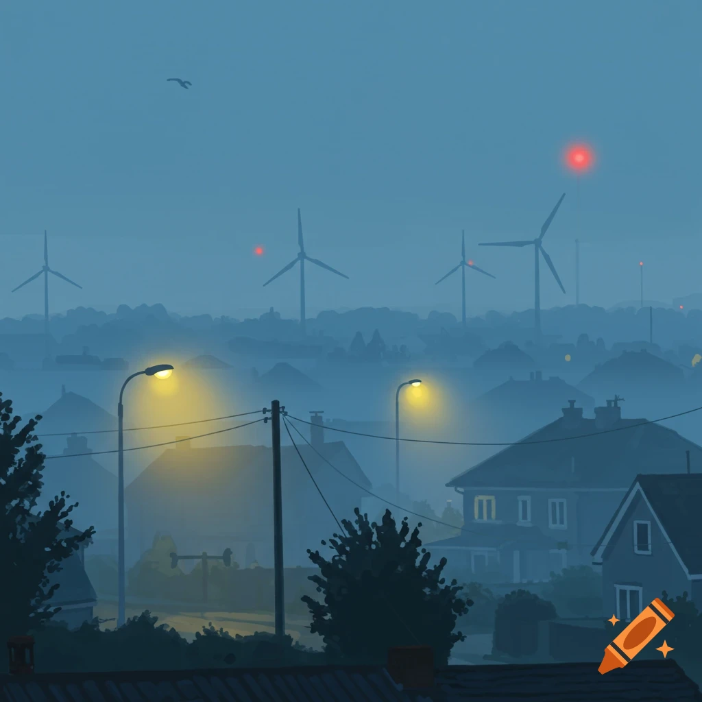 A foggy suburban morning with houses, street lights, and wind turbines in the distance.