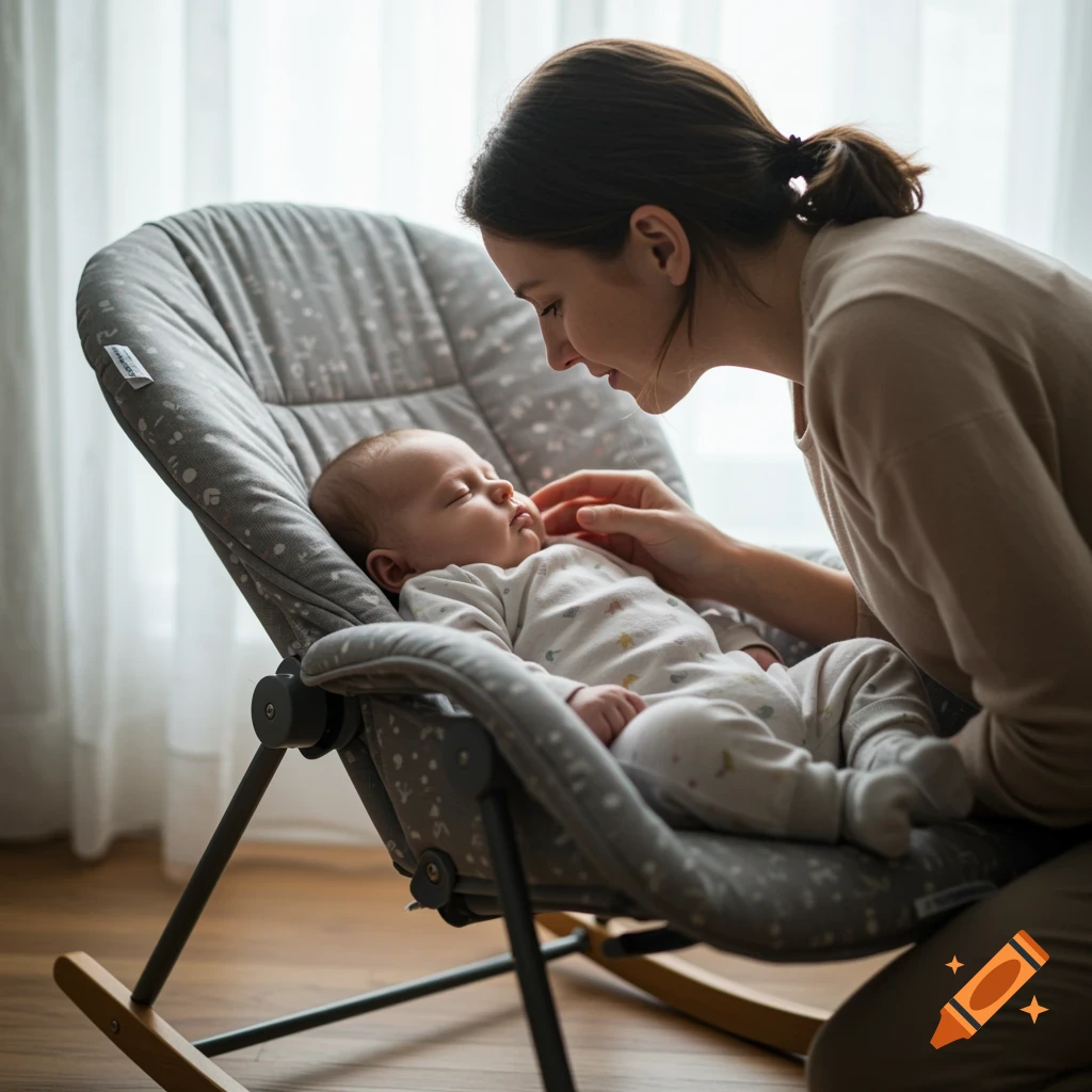 A mother leans over her baby sleeping in a rocking chair near a window.