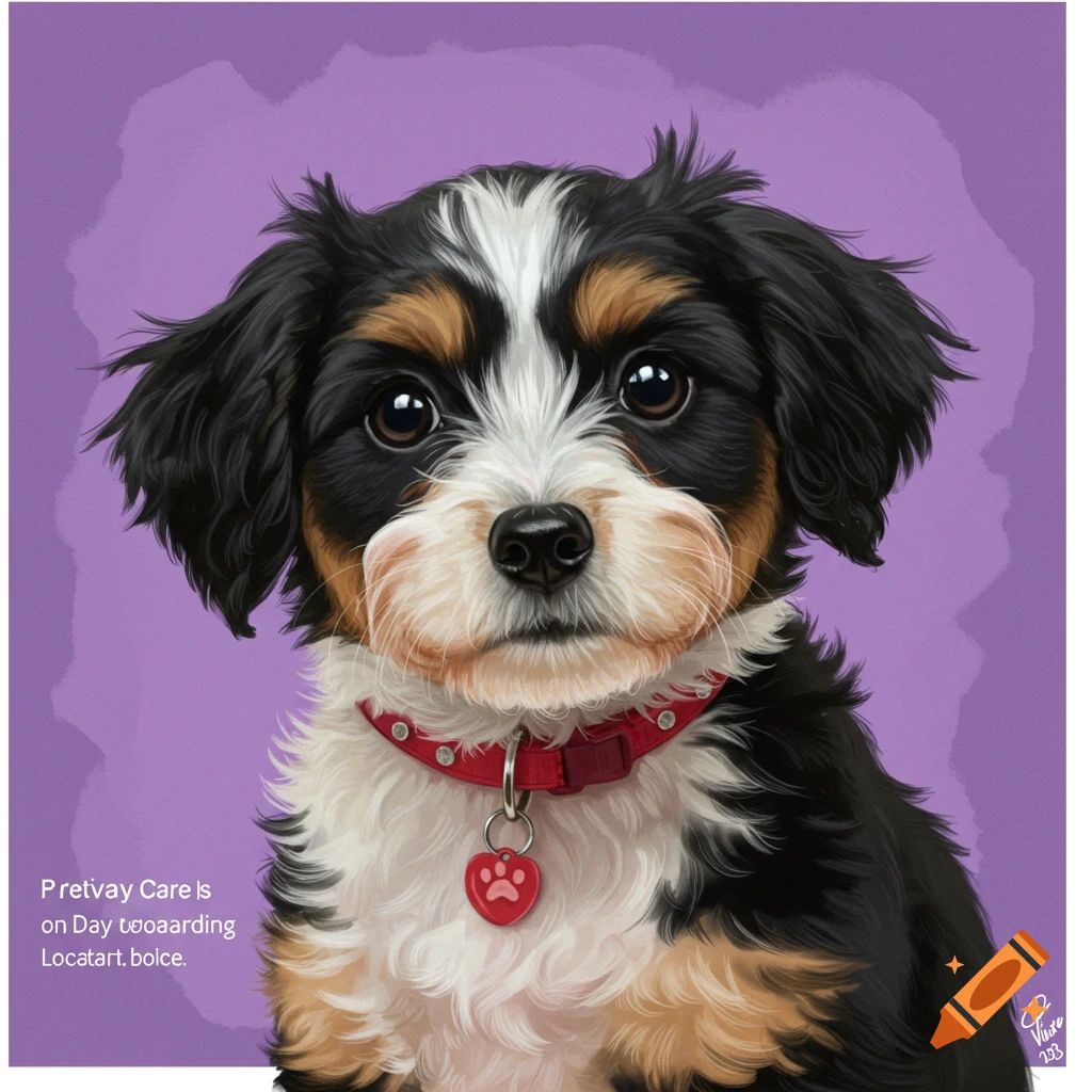 A cute bernese mountain dog puppy wearing a red collar against a purple background.