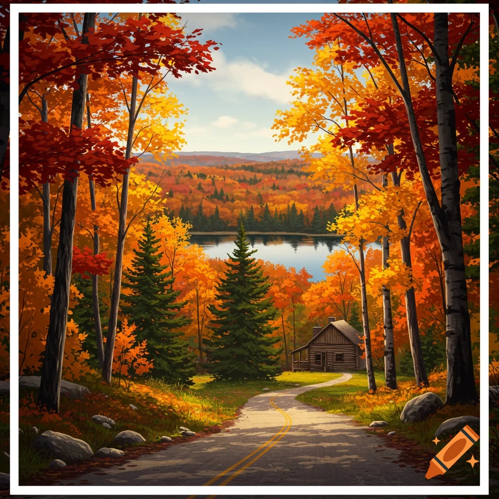 An autumn landscape with colorful trees, a lake, a cabin, and a road.