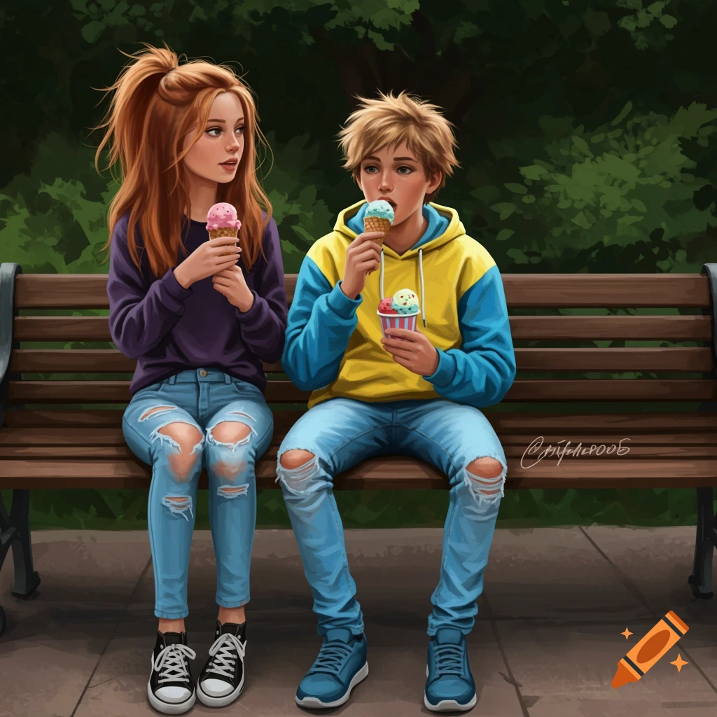 A teenage girl and boy sit on a bench eating ice cream in a park