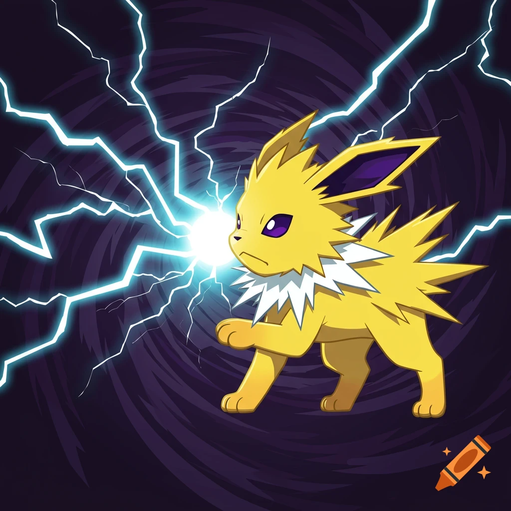 A yellow Jolteon, a Pokemon, stands with lightning around it in a vector style.