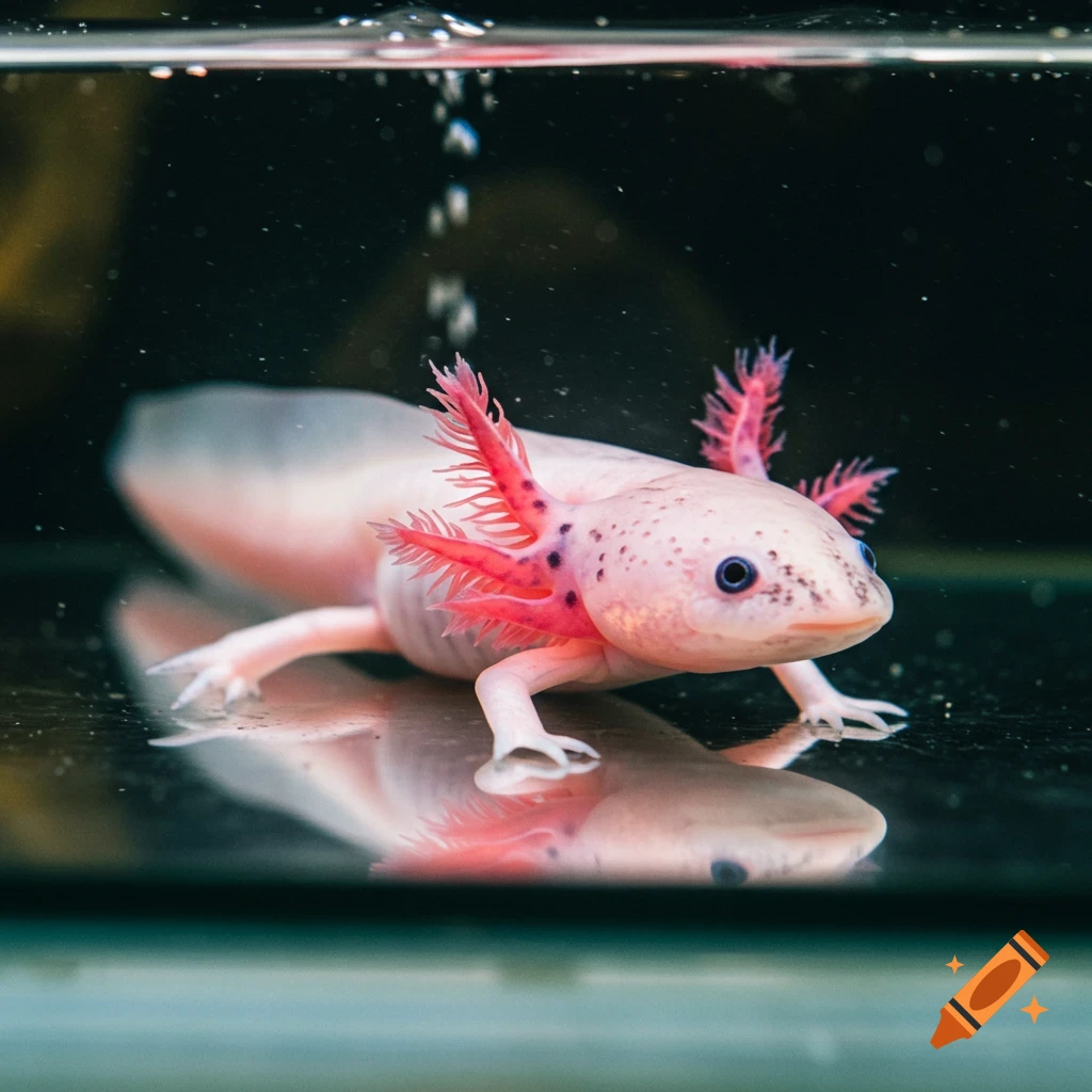 A close-up photo of a pink axolotl with red gills in an aquarium.