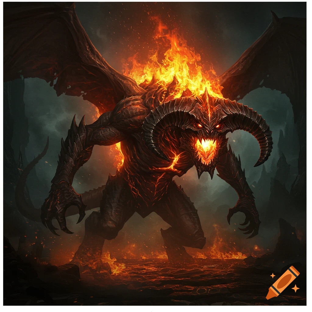 A large, fiery winged demon creature (Balrog) standing in a volcanic landscape.
