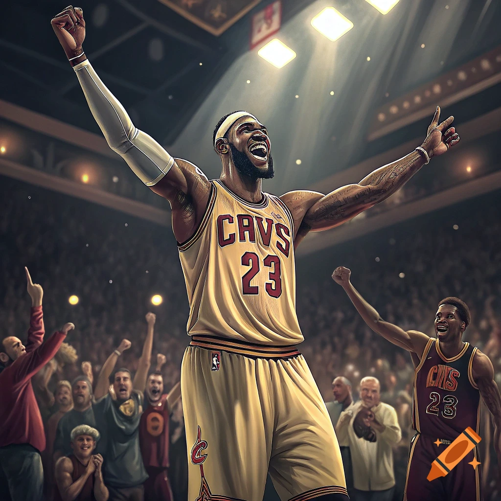 Lebron James celebrating on a basketball court with his arms raised.