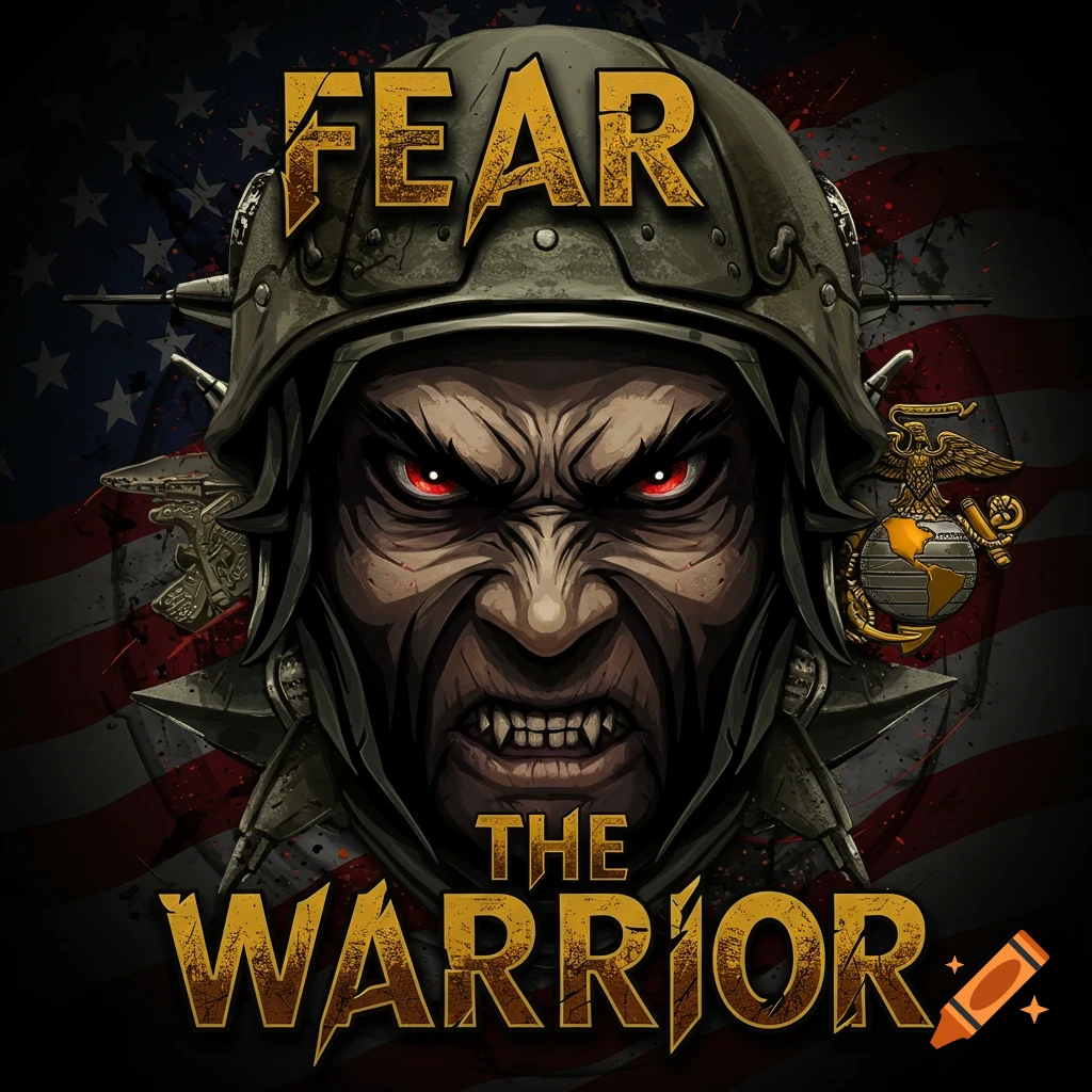 Stylized illustration of an angry character in a military helmet with glowing eyes, text 'FEAR THE WARRIOR', US flag background, USMC emblem.