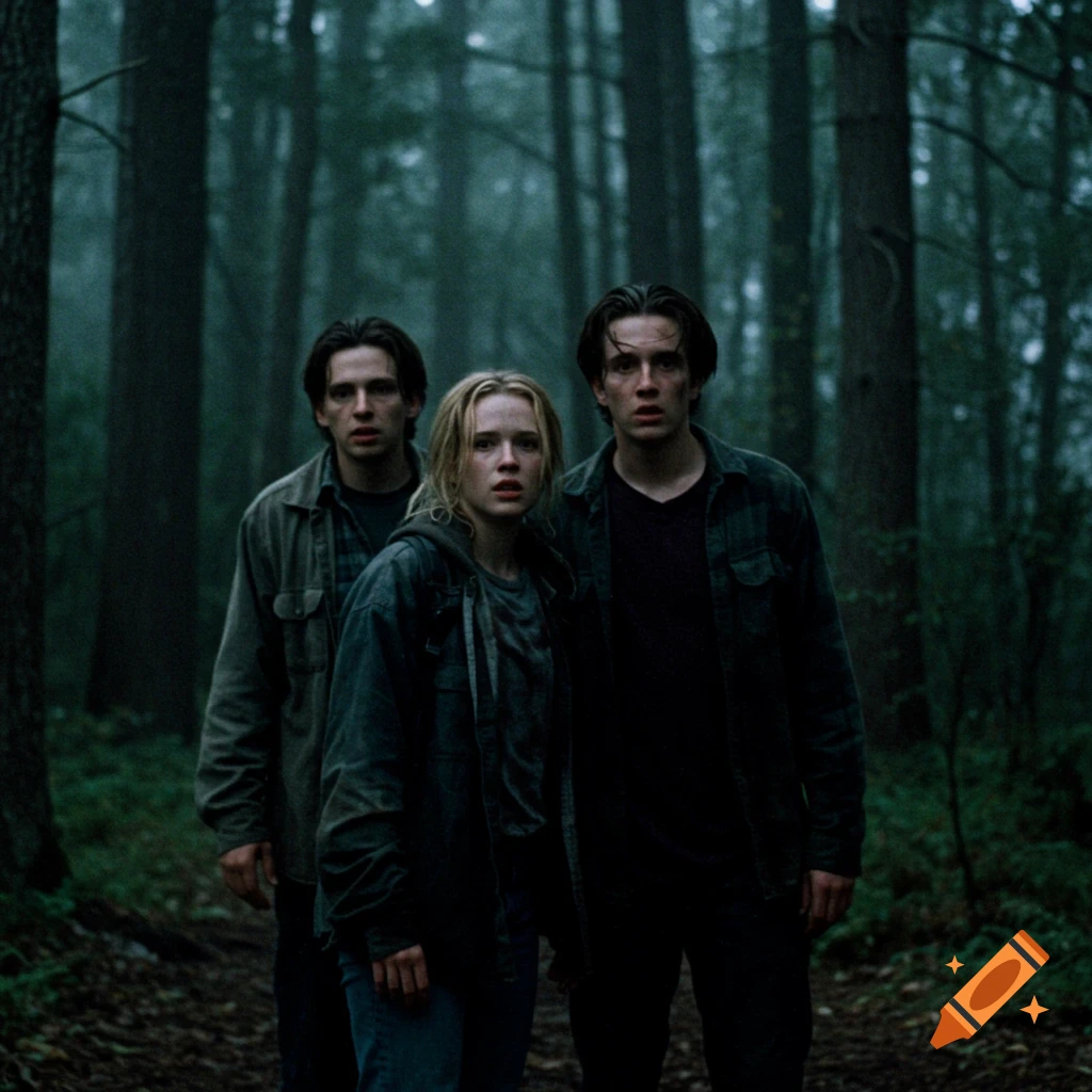 Three scared people stand on a path in a dark, foggy forest. Appears like a film still.