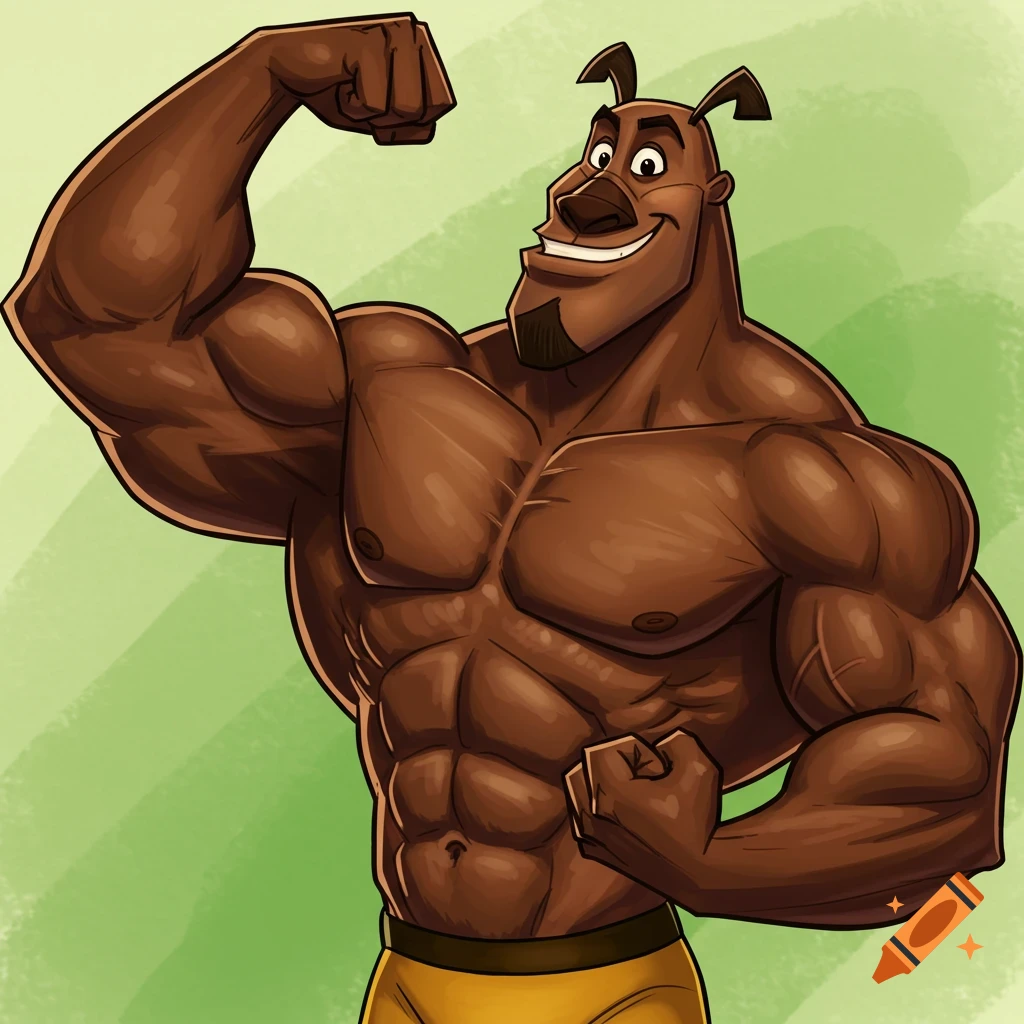 A muscular brown cartoon dog character flexing its bicep.