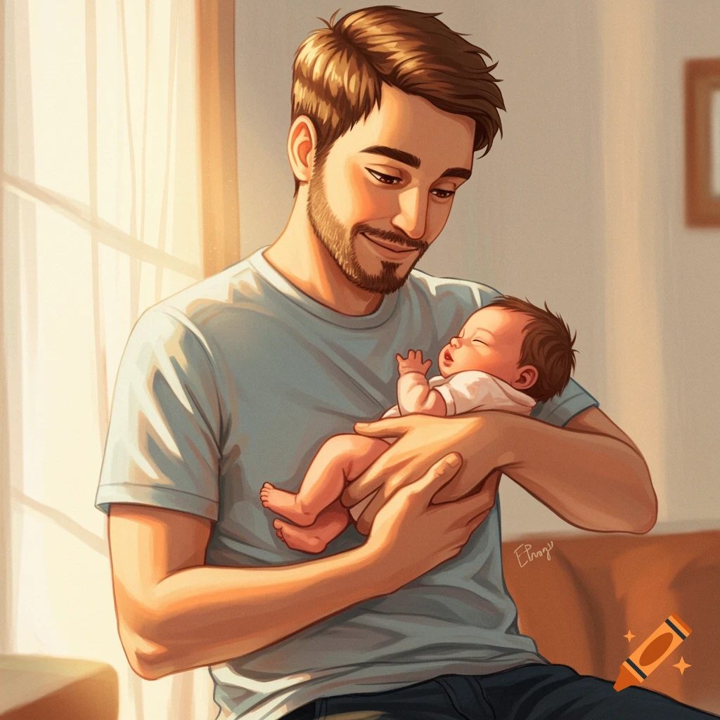 A digital illustration in a warm palette shows a father gently holding his sleeping baby.