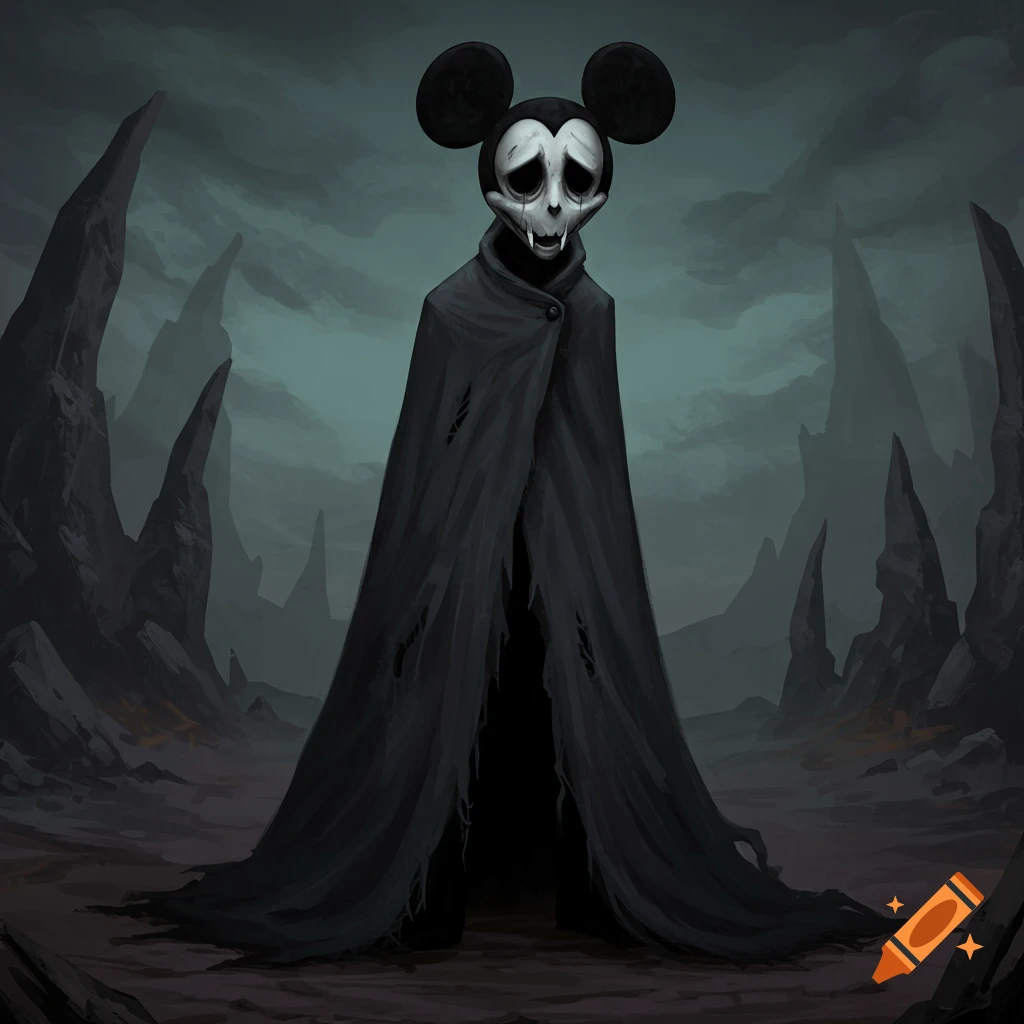 A skeletal figure with large black ears and a dark cloak stands in a desolate, rocky landscape under a stormy sky.