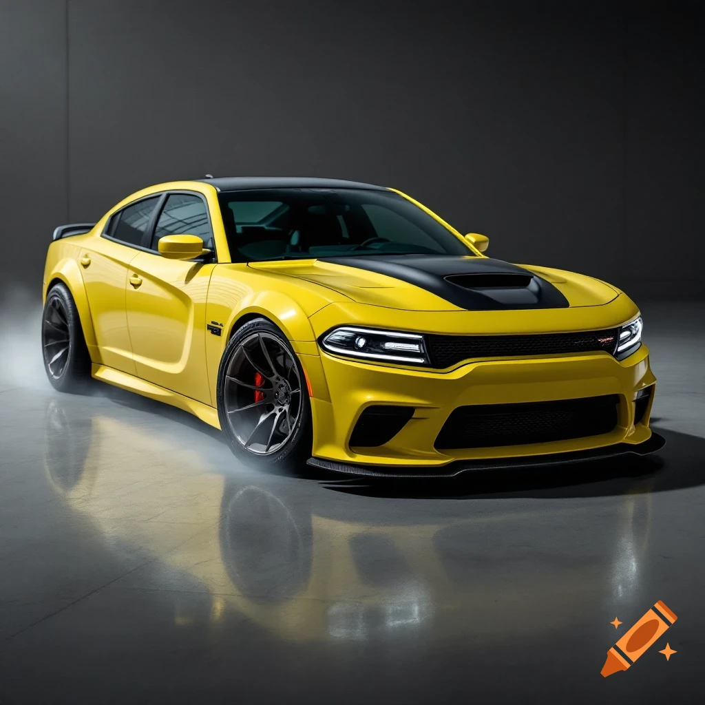 A bright yellow Dodge Charger sports car is shown in a dynamic pose in a dark studio.