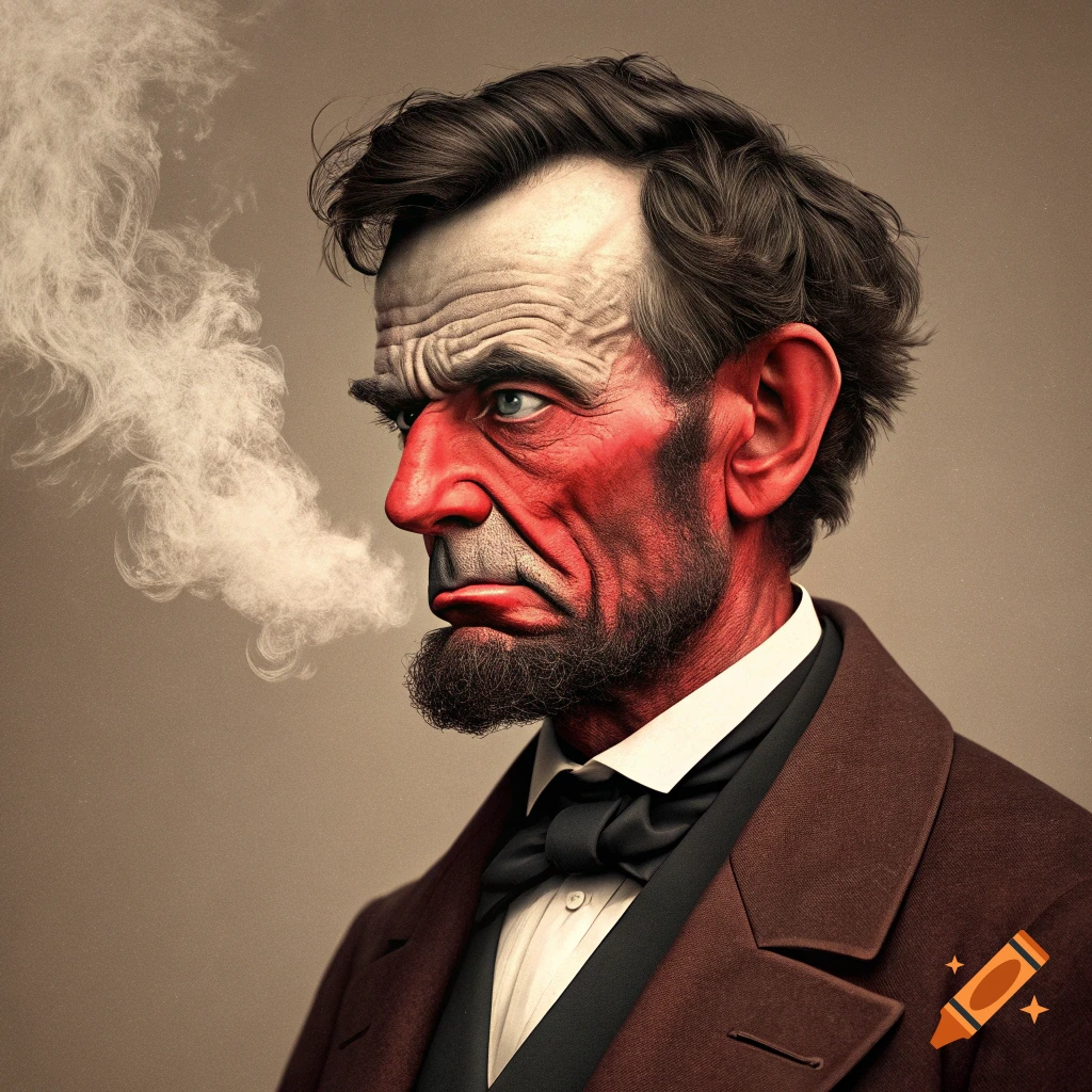 Stylized portrait of Abraham Lincoln looking angry with a red face and steam coming from his ear.
