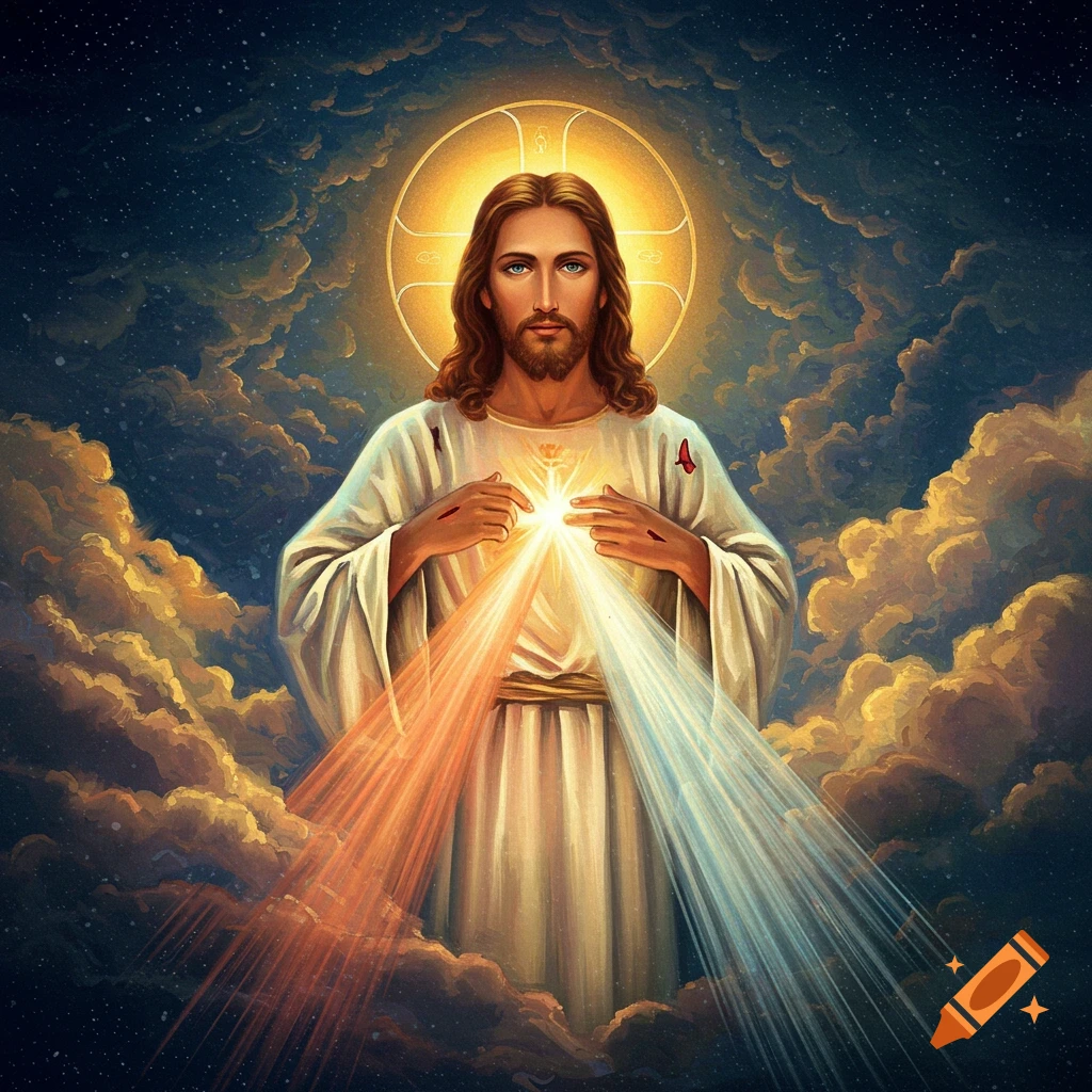 An image of Jesus Christ with light rays from his chest, surrounded by clouds and stars.