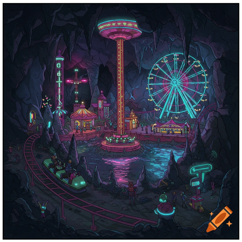 A neon-lit amusement park inside a dark cave, with rides and a roller coaster.