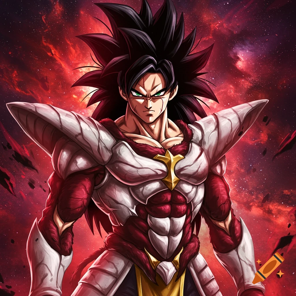 Anime warrior with spiky black hair and green eyes in white and red futuristic armor against a red cosmic background.