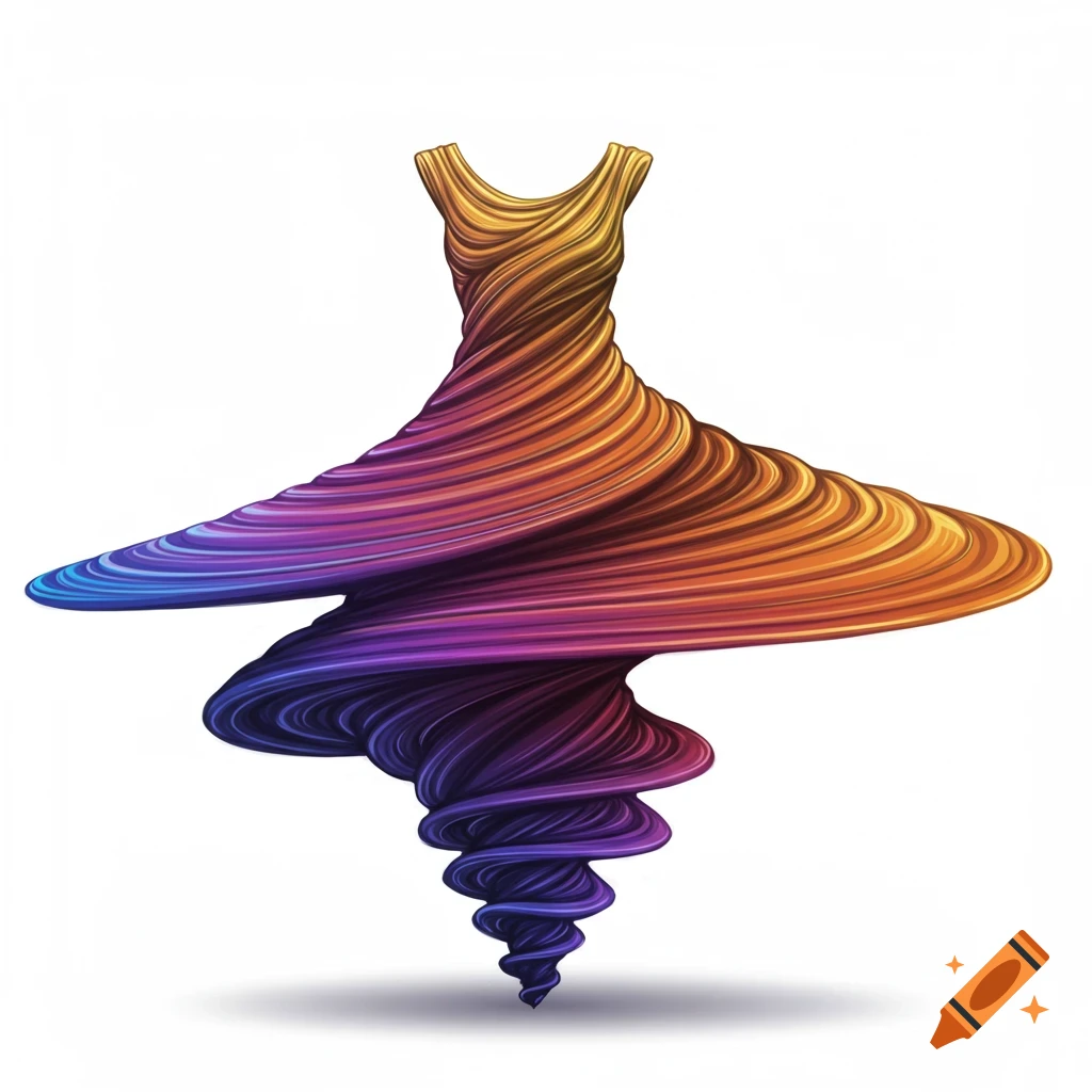 Abstract swirling form in orange, yellow, purple, and blue resembling a dress or top on a white background.