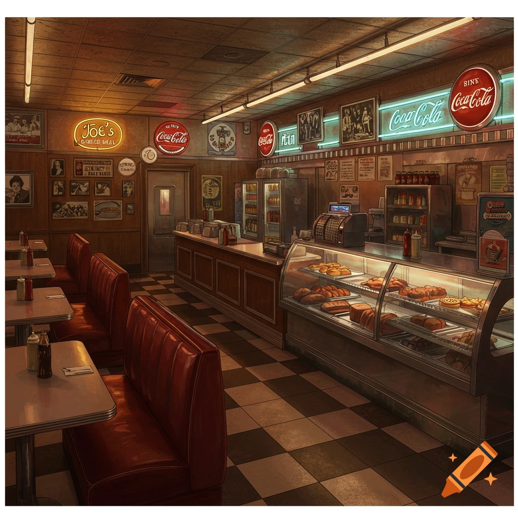 Interior of a retro diner with red booths, a counter, food display case, and signs.
