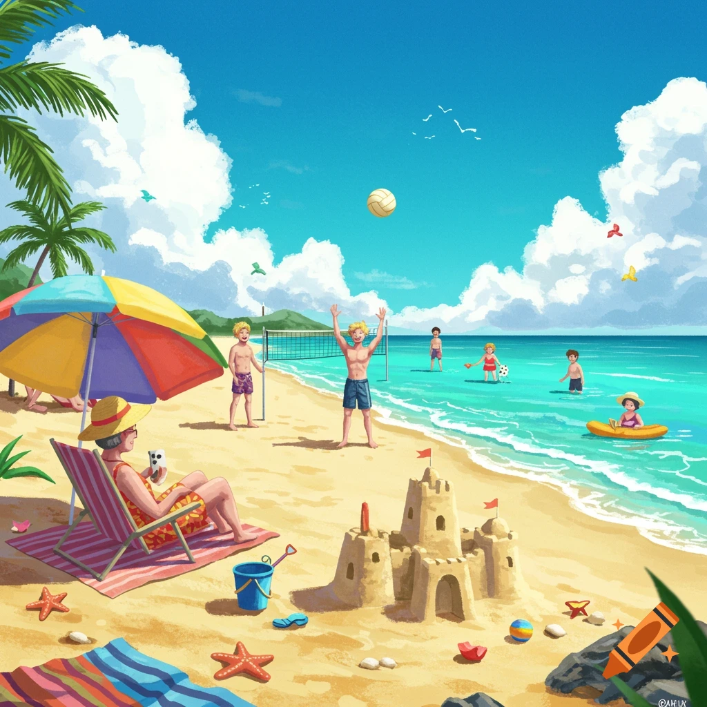 People enjoying summertime at the beach with volleyball, swimming, and a sandcastle.