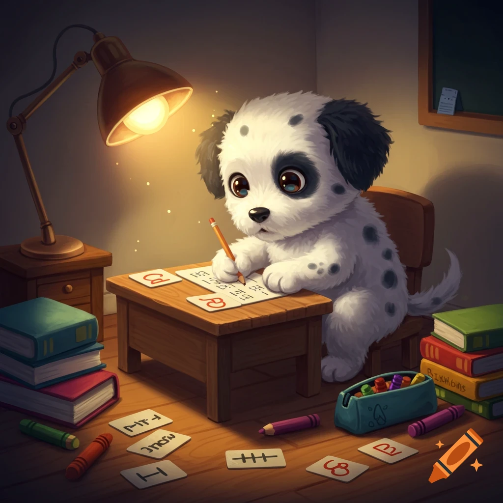 A cute puppy studying at a desk with books under a lamp.