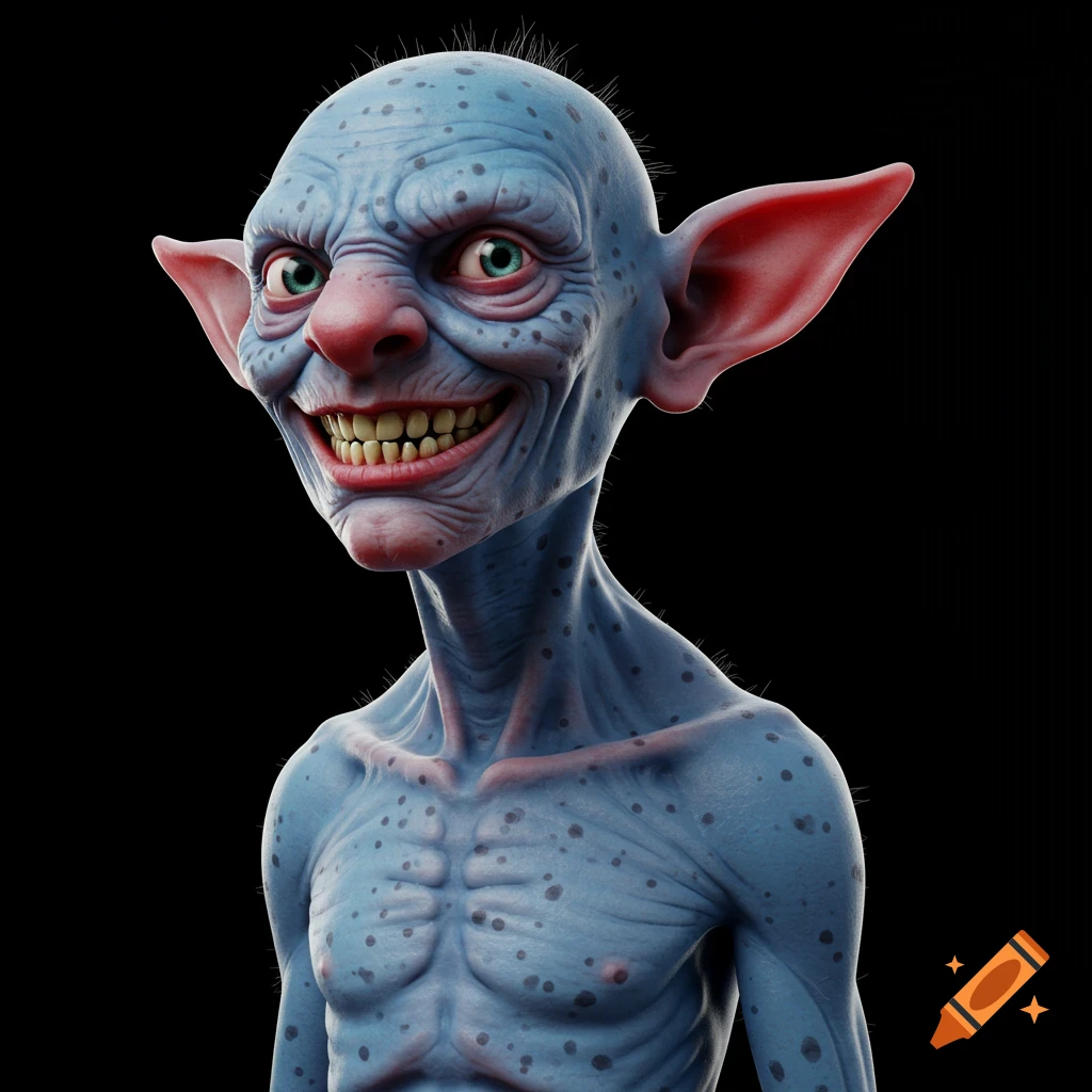 Close-up of a blue-skinned, freckled monster with large ears and a wide grin.