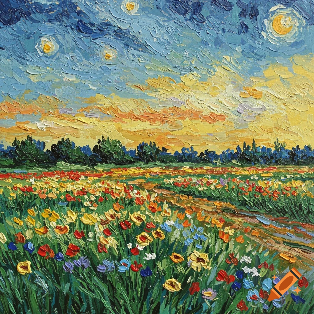 Impasto painting of a colorful flower field under a swirling sky with stars and moon, in the style of Van Gogh.