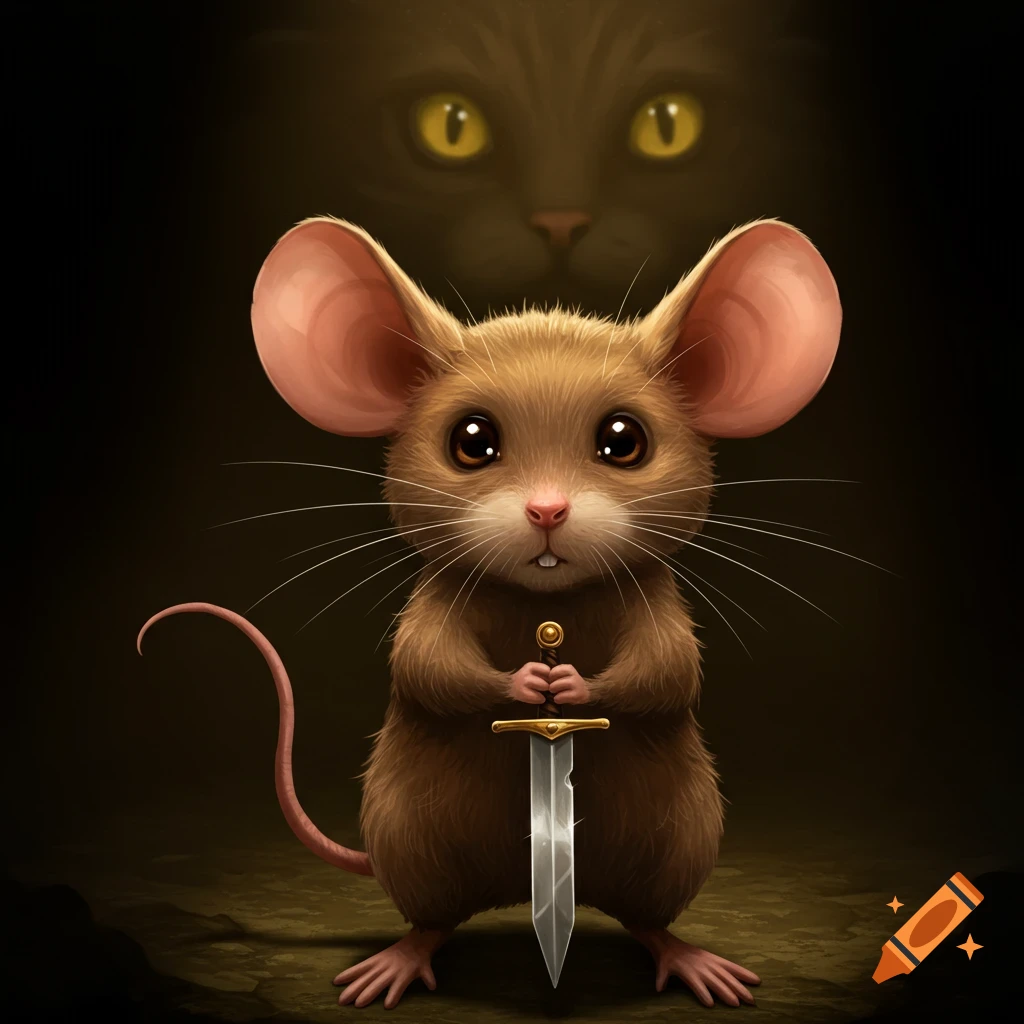 A brave mouse holding a sword is featured, with a large cat looming in the background.