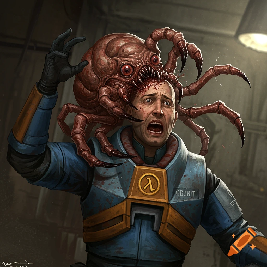 A Half-Life headcrab attacking a Black Mesa security guard.