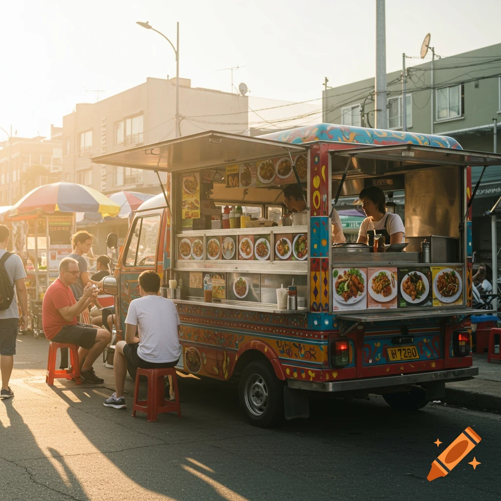 A colorful food truck serves customers on a city street at sunset, street photography style.