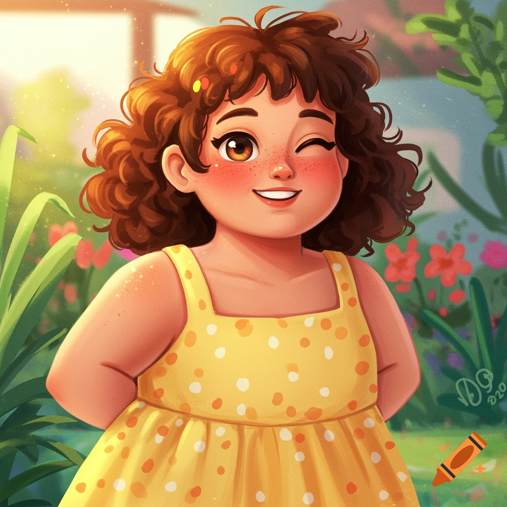 Cartoon depiction of a cheerful young girl winking in a sunny garden.