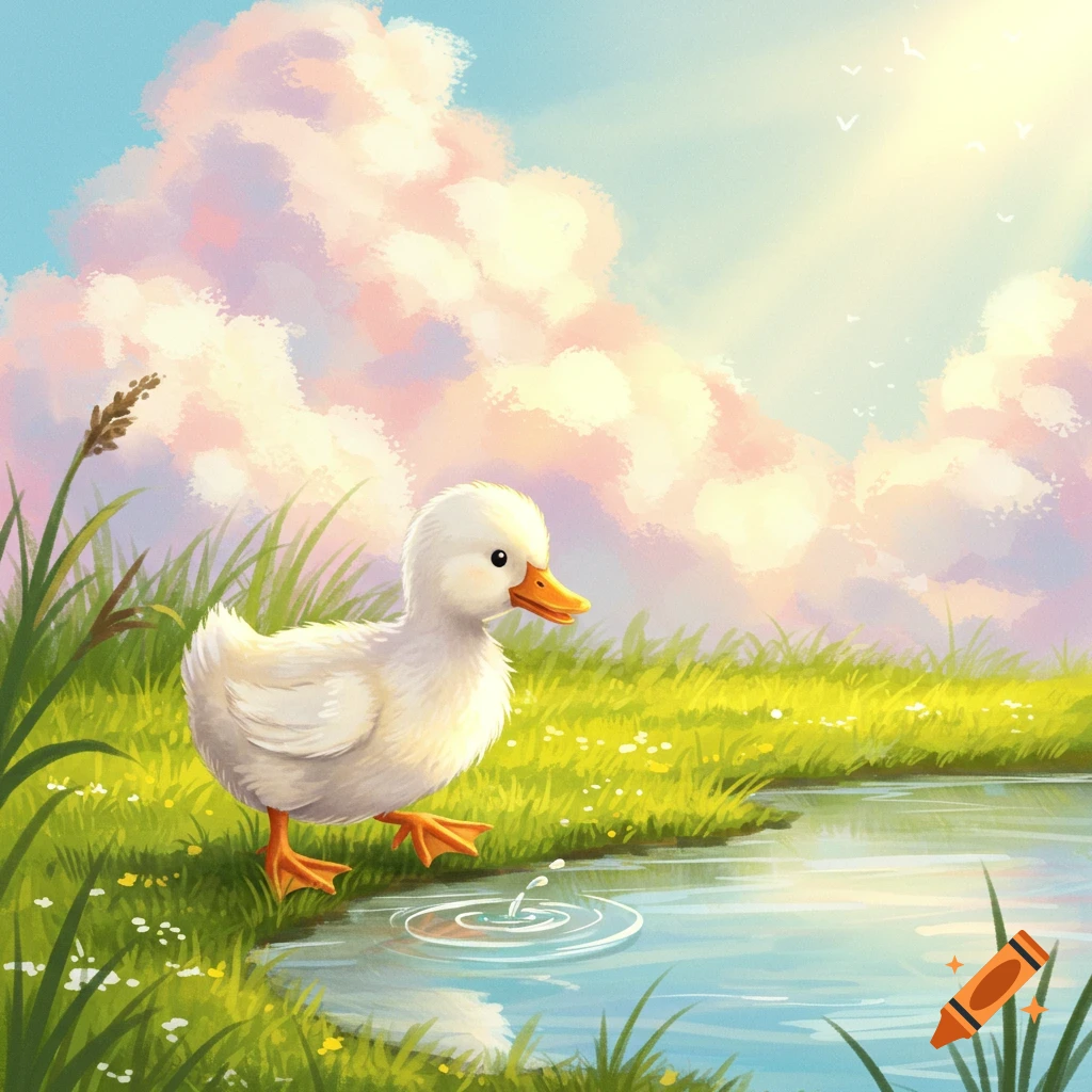A cute white duck stands by a pond, creating ripples.