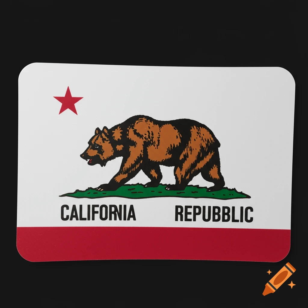 A sticker of the California flag with a bear, star, and red stripe.