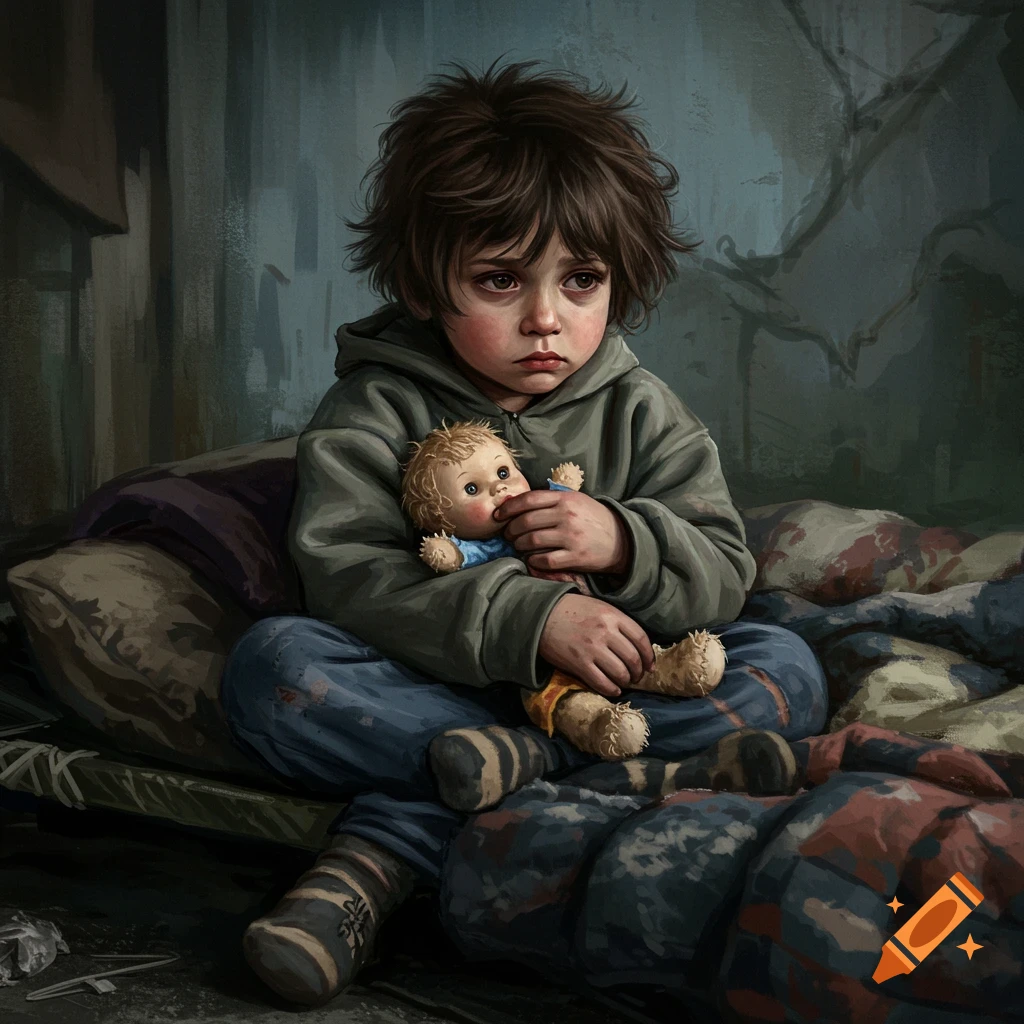 A sad child holds a doll on a bed.