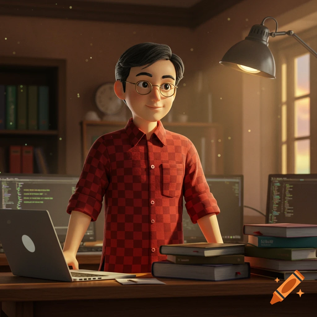 3D illustration of a young man in glasses and a checkered shirt smiling at a desk with laptops and books.