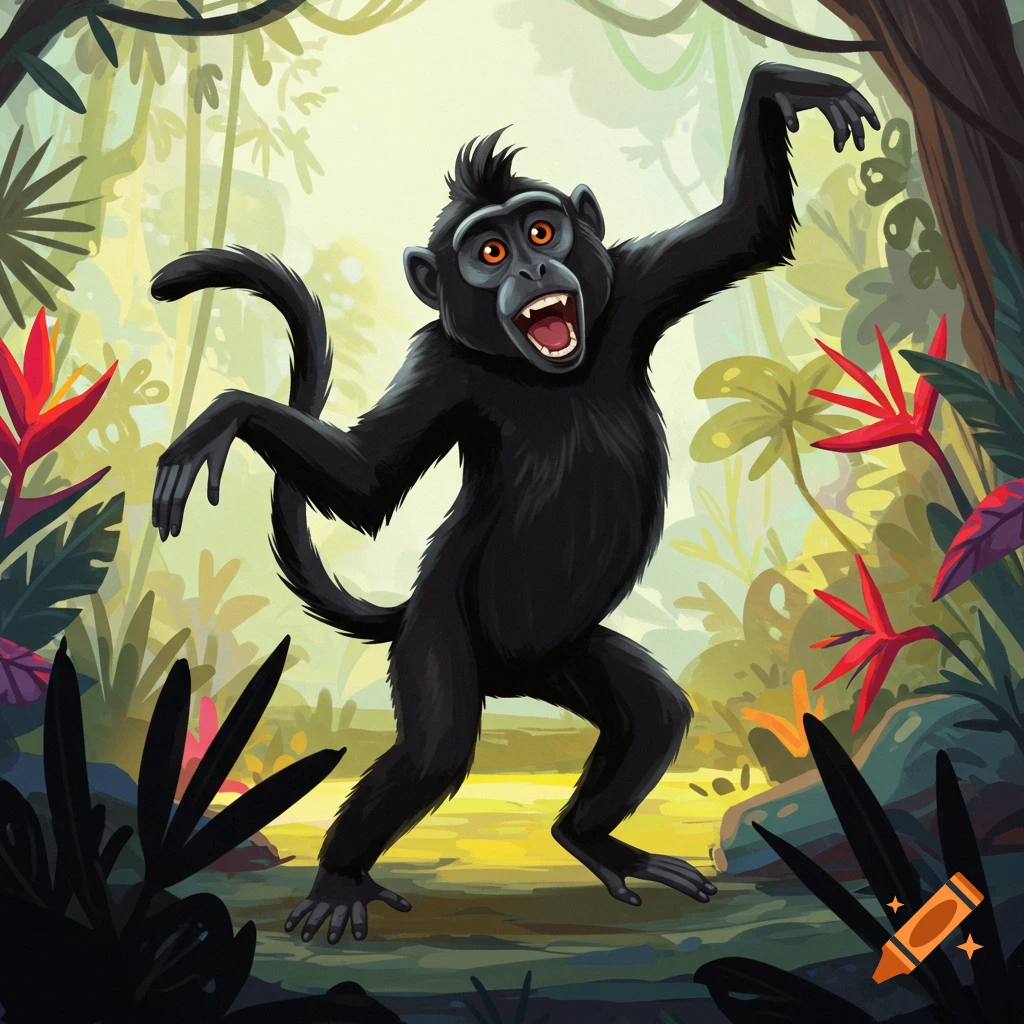 A black monkey dances in a jungle.
