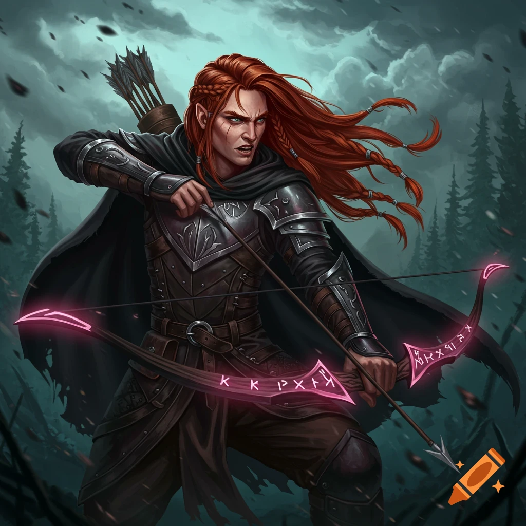 A red-haired fantasy archer aiming a glowing bow in a forest.