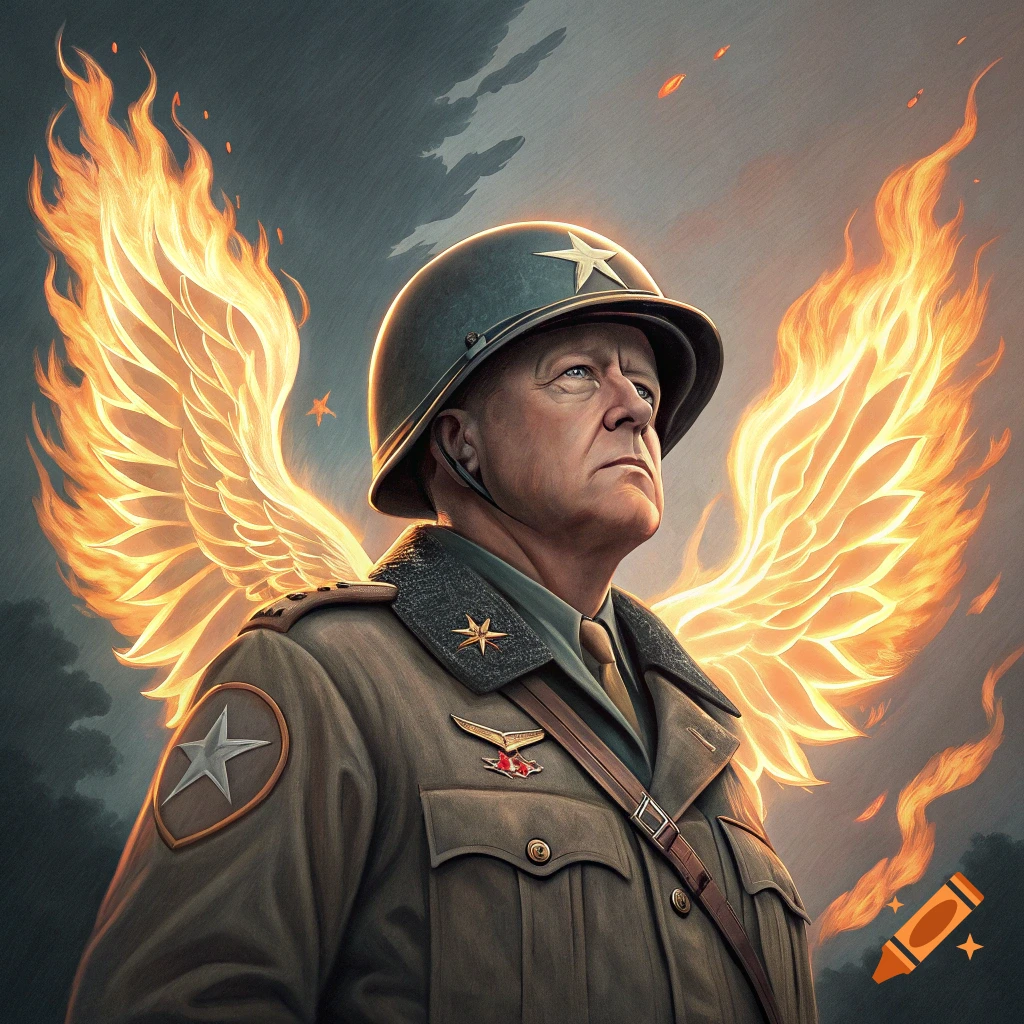 Portrait of General Patton in uniform with fiery wings behind him.