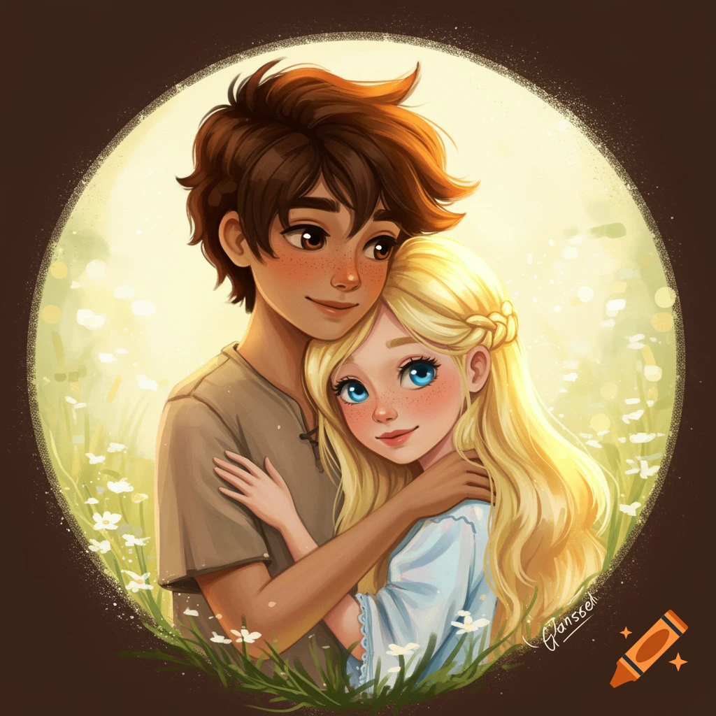 A young boy and girl embracing in a sunlit meadow, in a whimsical fairytale style.