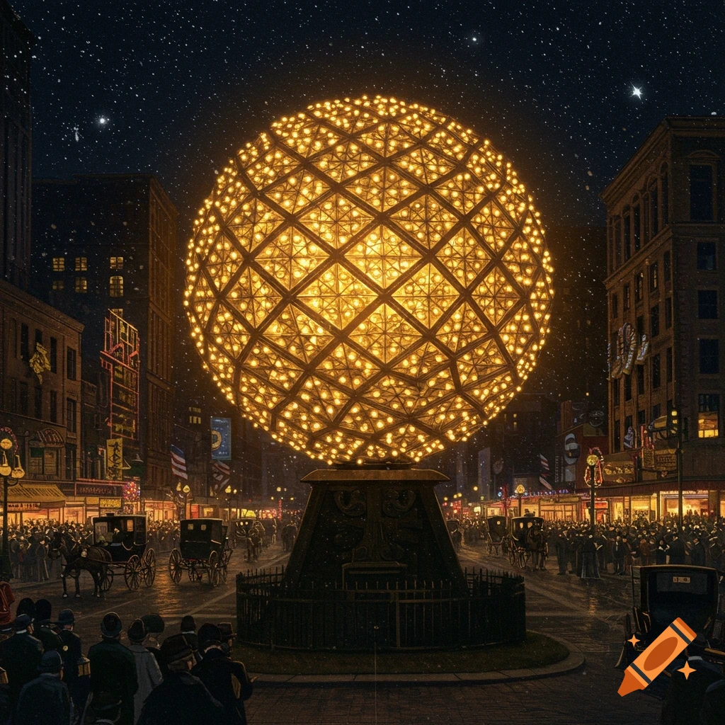 A large illuminated sphere hangs over a historical city street scene with a crowd and horse-drawn carriages at night.