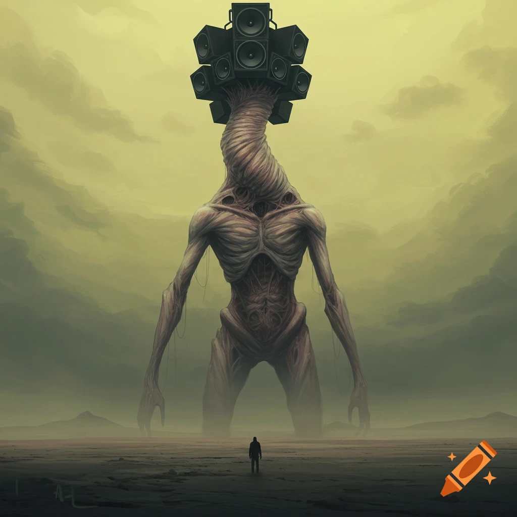 A gigantic fleshy, skeletal creature with a head made of speakers stands over a small figure in a vast, desolate landscape.