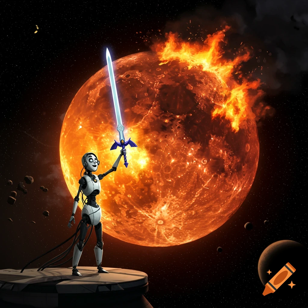 Robot holding a glowing sword in front of a fiery planet in space, digital art style