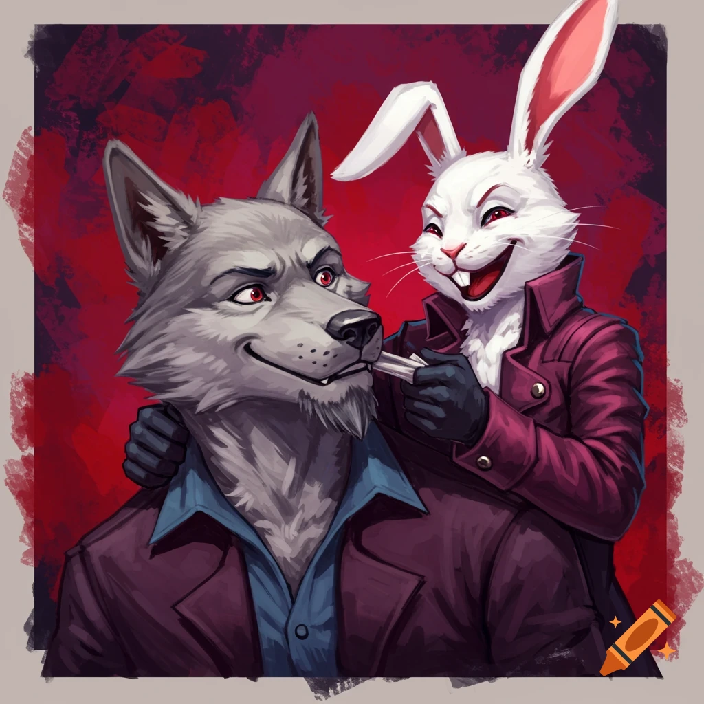 An anthropomorphic gray wolf and white rabbit in coats. The rabbit tugs the wolf's goatee against a red background.