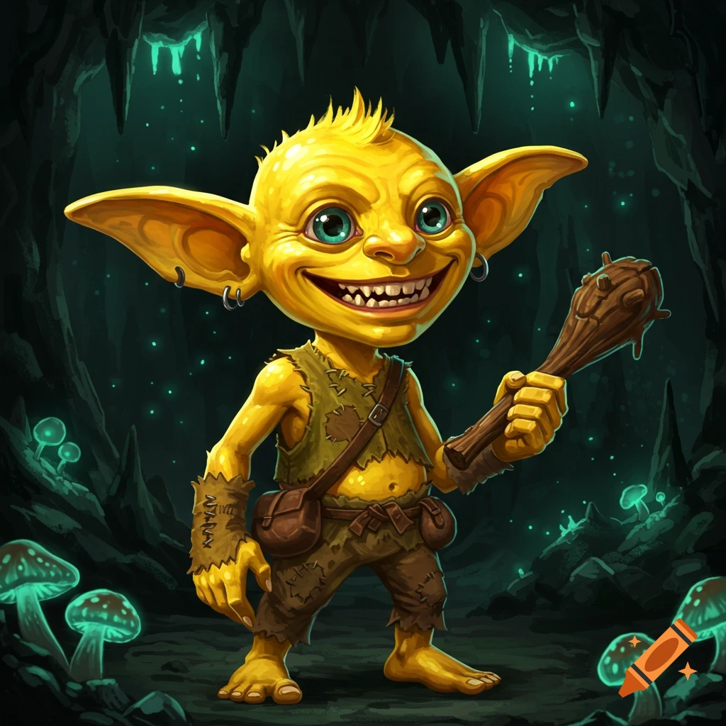 A yellow goblin holding a club in a glowing cave.