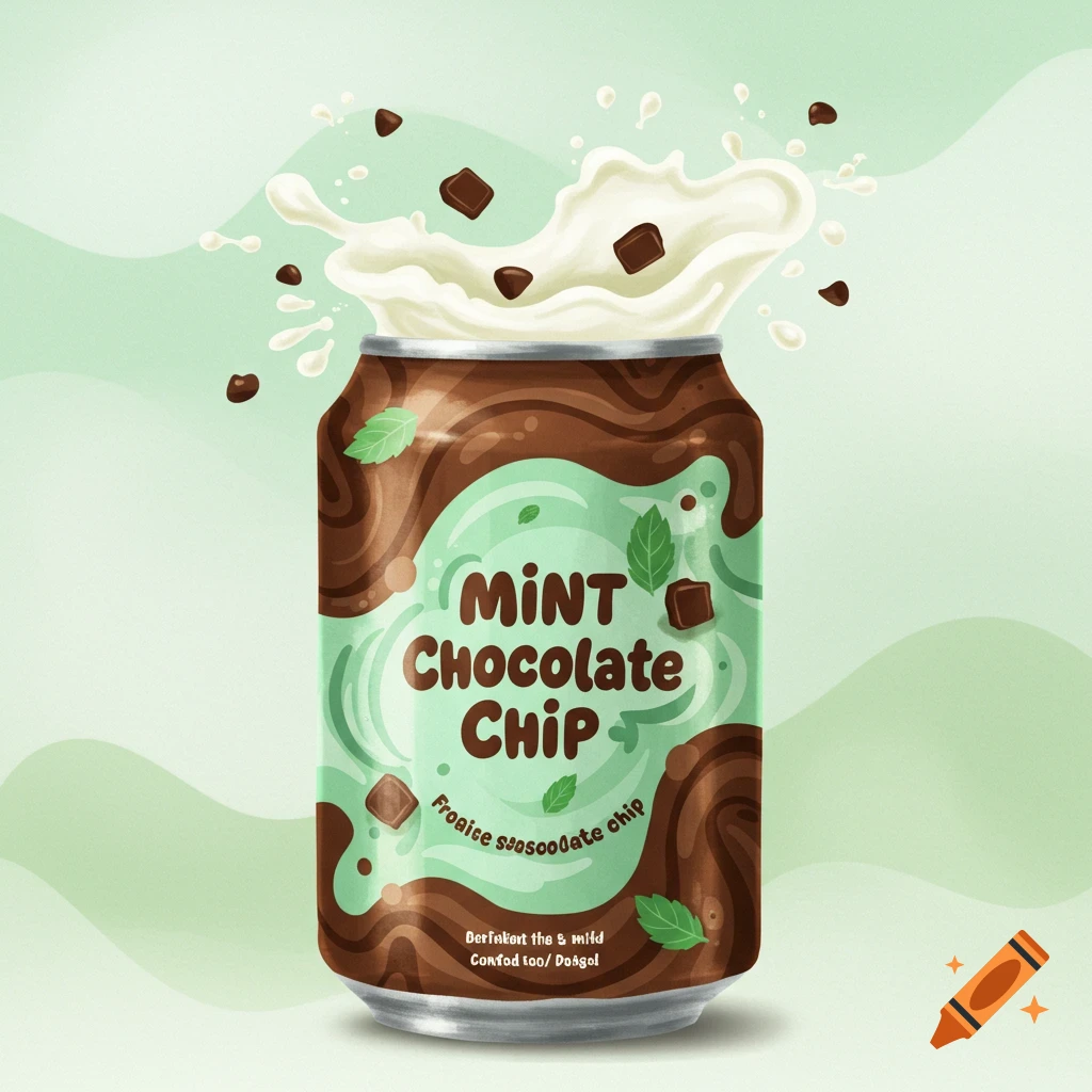 Concept art illustration of a mint chocolate chip soda can with splashing liquid.