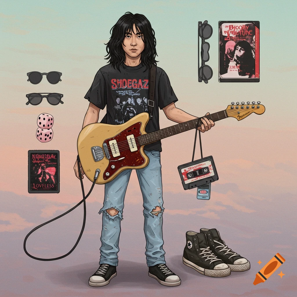 A shoegaze guitarist action figure is surrounded by music gear including a guitar, cassette, album covers, and sunglasses.